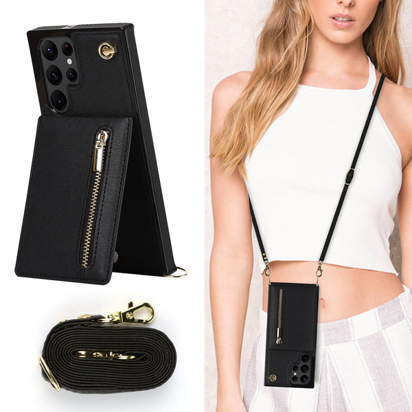 Zipper Wallet CrossBody Lanyard Samsung Galaxy Case - HoHo Cases For Samsung Galaxy S23 Ultra / Black