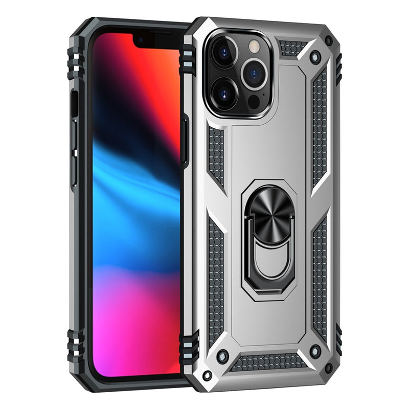 Shockproof Armor iPhone Case with Magnetic Metal Ring - HoHo Cases iPhone 15 Pro Max / Silver