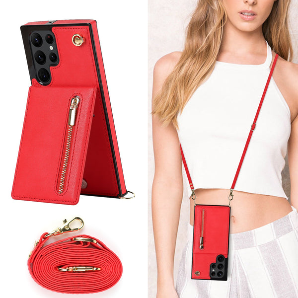 Zipper Wallet CrossBody Lanyard Samsung Galaxy Case - HoHo Cases For Samsung Galaxy S23 Ultra / Red
