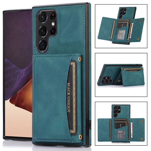 Triple Folded Matte Leather Wallet Samsung Galaxy Case - HoHo Cases For Samsung Galaxy S23 Ultra / Blue